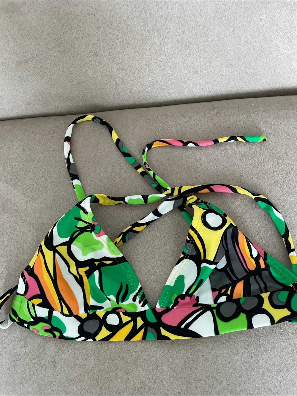 Multicolor Abstract Print Surf Bikini Top - Green, Yellow, Pink, Black, White